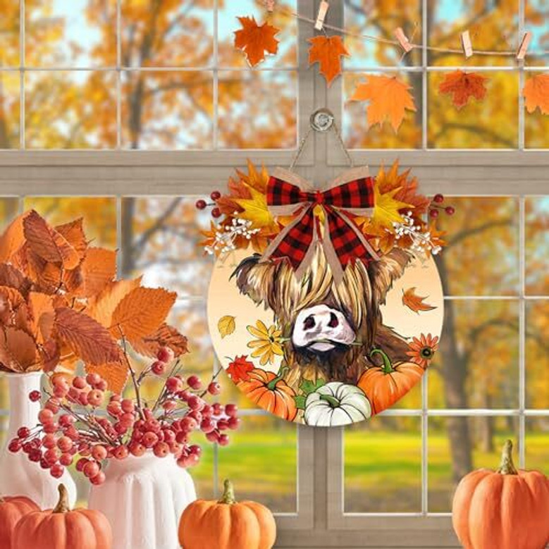 Cozy Autumn Highland Cow Farm Animal Wood Sign For Outdoor Porch Decor - Fall Plaid Accents And Maple Leaves