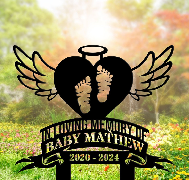 Personalized Baby Footprints Memorial Stake For Garden Or Cemetery - Heartfelt Remembrance Metal Sign Gift