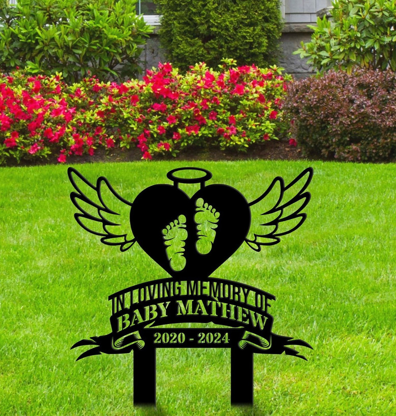 Personalized Baby Footprints Memorial Stake For Garden Or Cemetery - Heartfelt Remembrance Metal Sign Gift