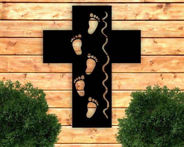 Personalized Baby Footprints Metal Sign - Cross Wall Art For Kids Room - Christian Decor