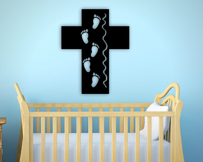 Personalized Baby Footprints Metal Sign - Cross Wall Art For Kids Room - Christian Decor
