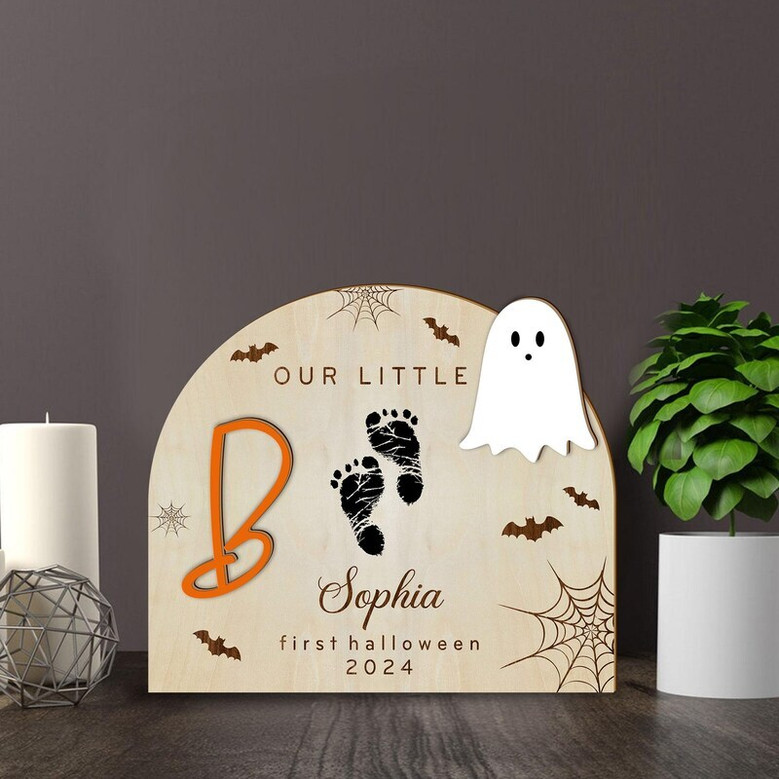 Personalized Baby Footprints Wood Sign For Newborn's First Halloween - Touching Nursery Decor And Gifts