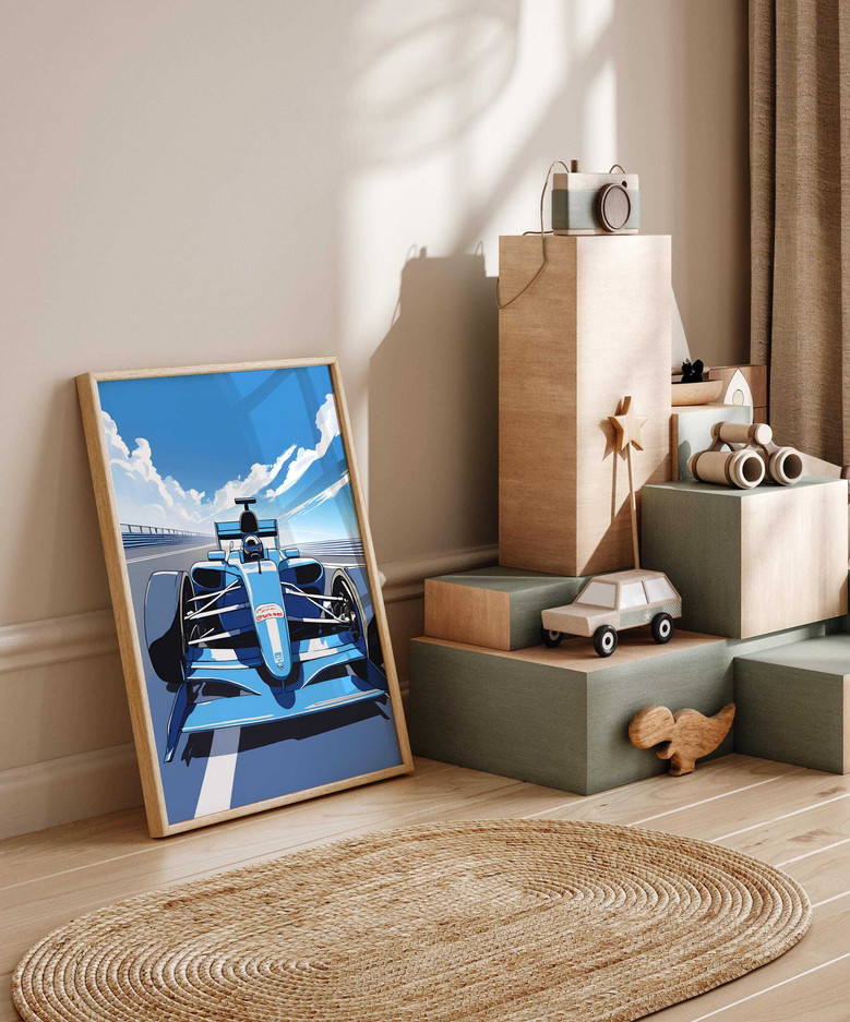 Customizable Boys Racing Car Enthusiast Canvas Art - Blue Formula 1 Design For Nursery Rooms