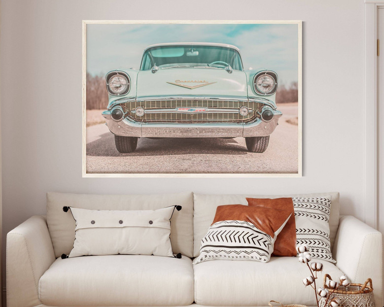 Vintage Pink Teal Car Canvas For Enthusiasts Living Room Decor