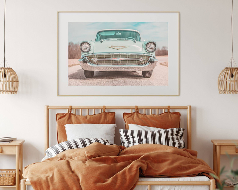 Vintage Pink Teal Car Canvas For Enthusiasts Living Room Decor