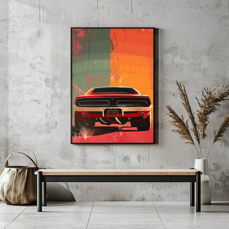 Vintage muscle car canvas wall art with retro color accents, square format garage decor; great gift for car enthusiasts