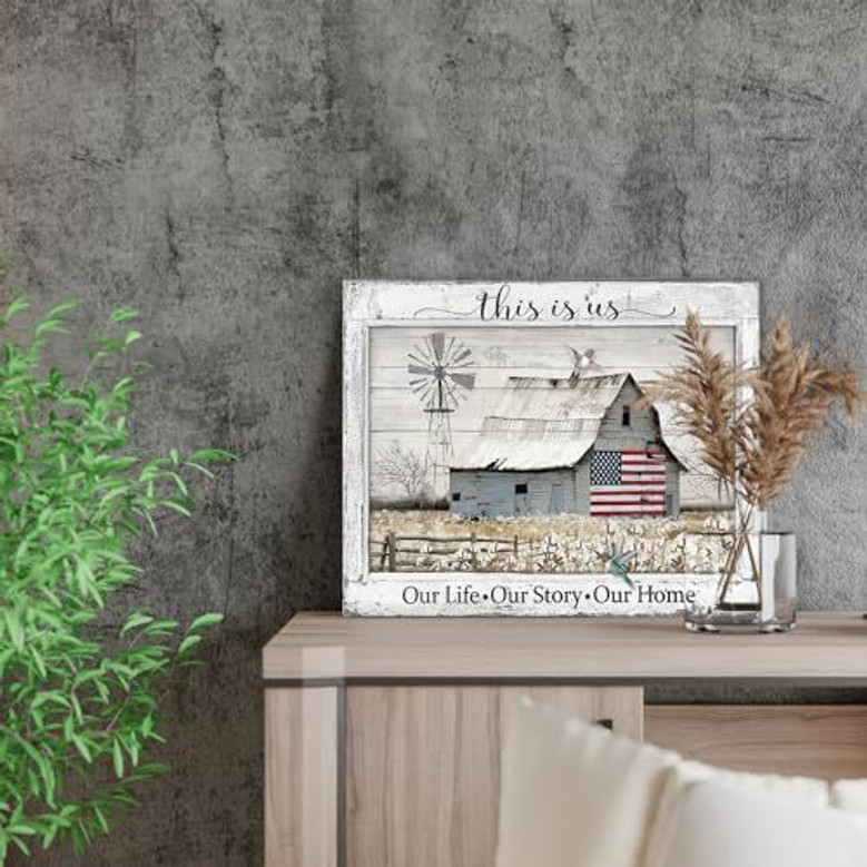 Vintage barn flag canvas print featuring rustic windmill, warm neutral tones for farmhouse living room wall decor