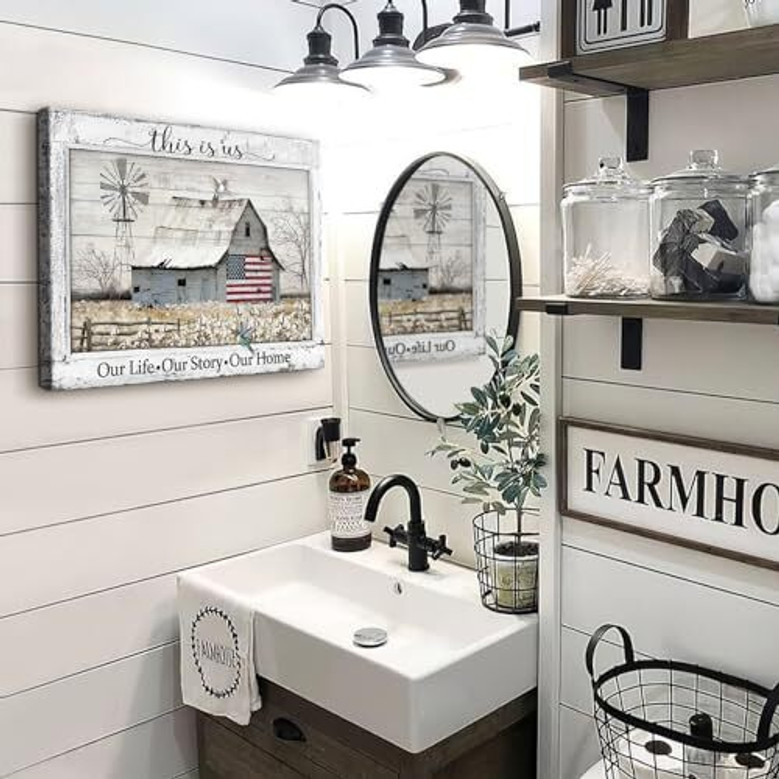 Vintage flag barn canvas wall art with rustic windmill, earthy tones bring cozy farmhouse charm to living room decor