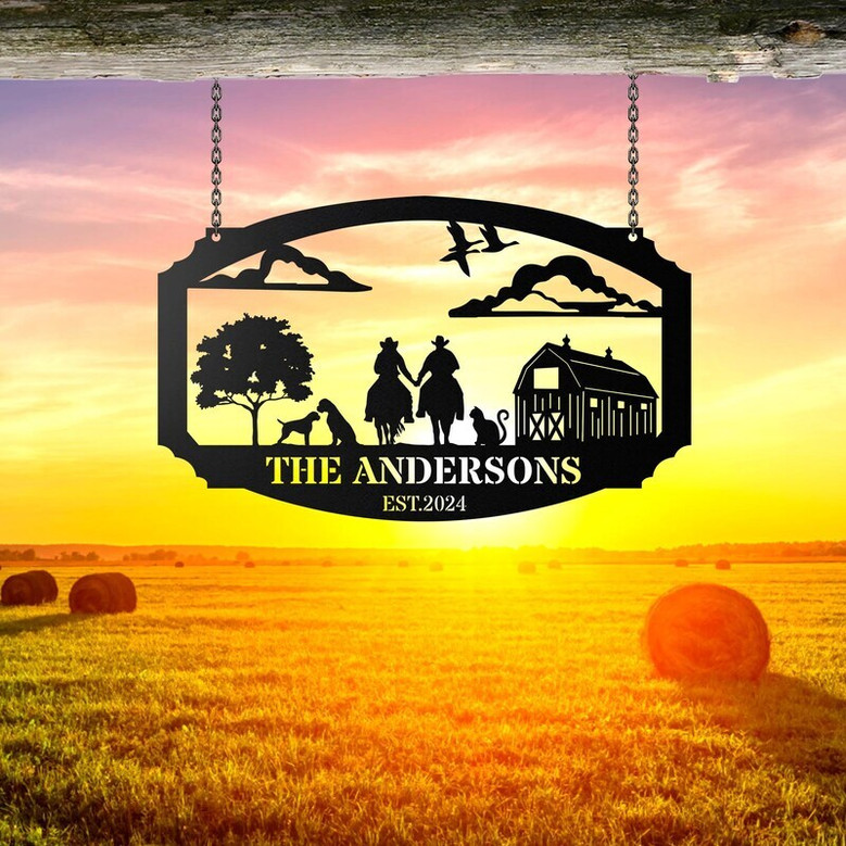 Personalized Large Animal Farm Signs With Dog, Cat, Cow - Custom Metal Farm Gate Decor