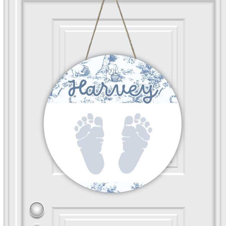 Baby Footprints Wall Art And Decor: Personalized Winnie-The-Pooh Nursery Door Sign For Birth Announcement