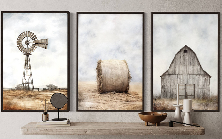 Rustic farmhouse windmill canvas wall art set, neutral gray and cream palette with worn texture to complement kitchen or living room spaces Rustic farmhouse windmill canvas wall art set, neutral gray and cream palette with worn texture to complement kitchen or living room spaces