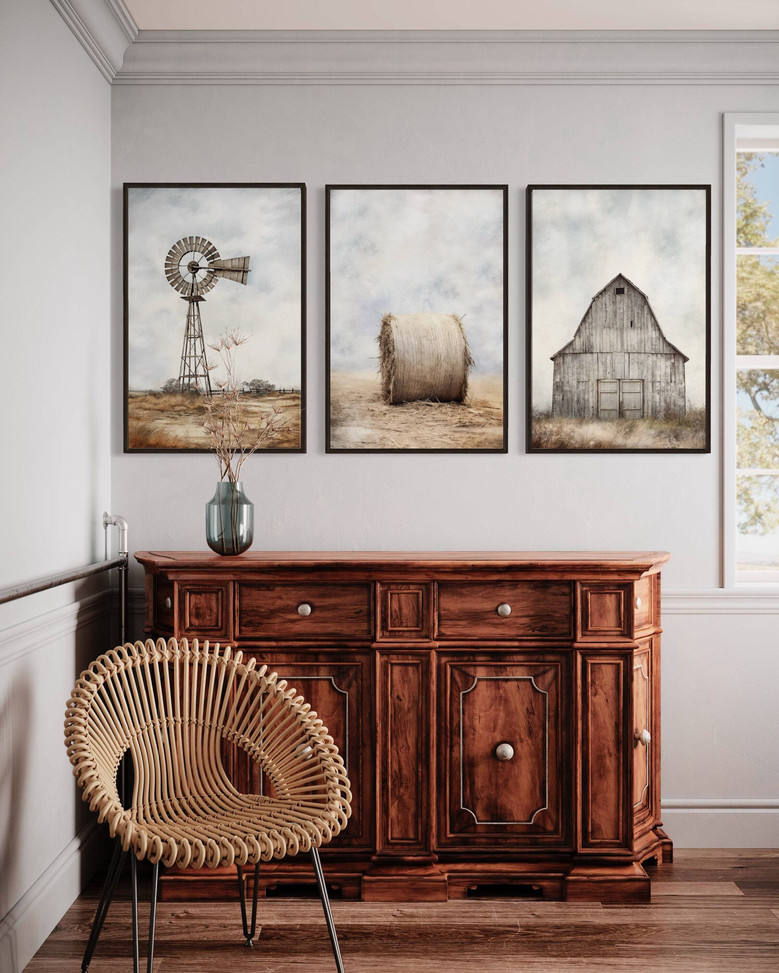 Rustic farmhouse windmill canvas prints set, vintage distressed wall art in neutral tones for living room or kitchen decor Rustic farmhouse windmill canvas prints set, vintage distressed wall art in neutral tones for living room or kitchen decor