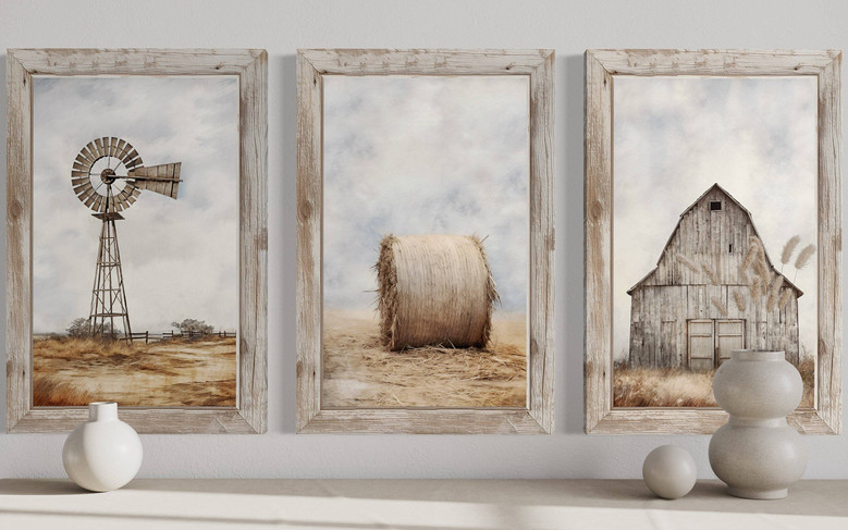Rustic farmhouse windmill canvas wall art set with weathered patina and muted hues, versatile decor accent for farmhouse kitchens or living rooms Rustic farmhouse windmill canvas wall art set with weathered patina and muted hues, versatile decor accent for farmhouse kitchens or living rooms