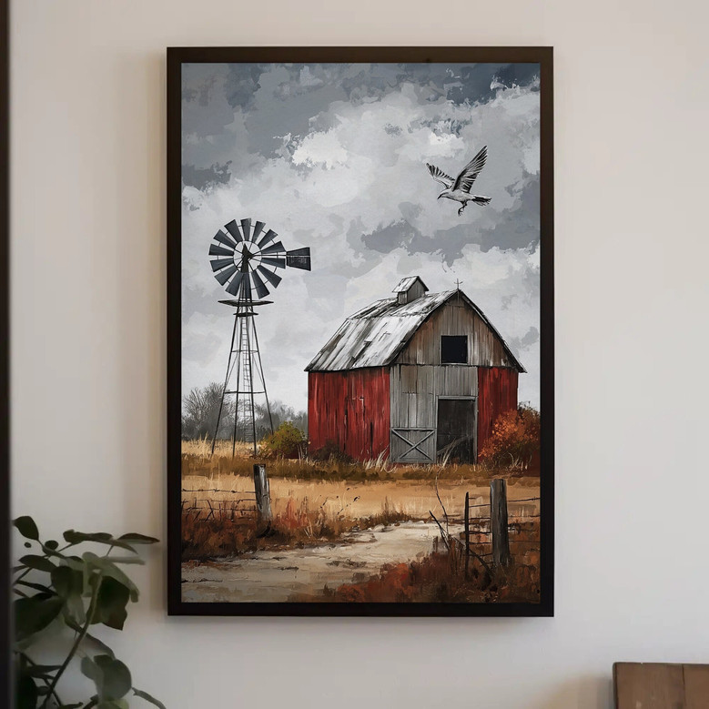 Windmill canvas wall art, vertical framed print in rustic farmhouse style, personalized with name, country living room decor