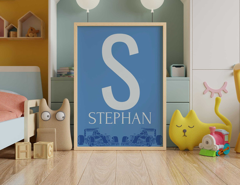 Bold graphic blue Formula 1 racing car square canvas art for boys nursery, custom name banner, clean lines and bold accents