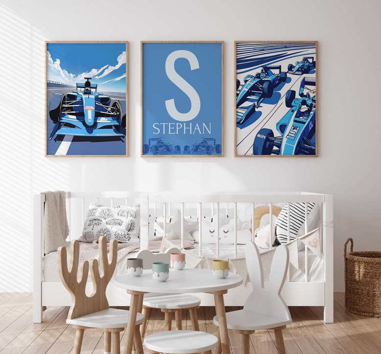Watercolor blue F1 racing car canvas art for nursery decor, personalized name, cute baby shower gift for little boy