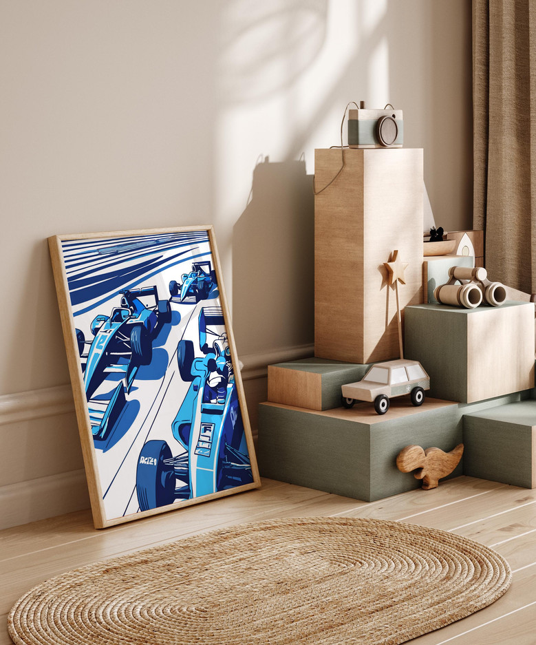 Blueprint style Formula 1 racing car canvas art in navy blue, boys nursery wall decor, customizable with child’s name