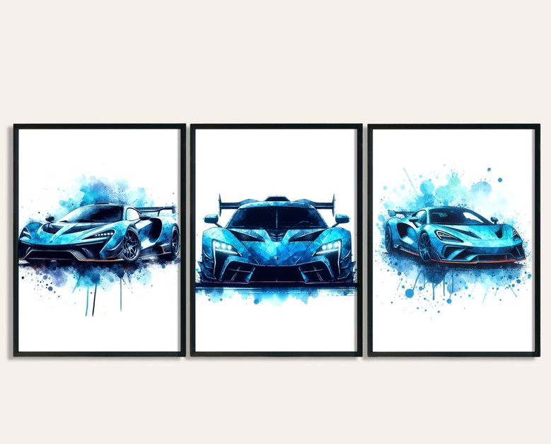 Car enthusiast wall art set canvas prints, watercolor sports cars for boys' bedroom decor, ideal gift for kids who love cars Car enthusiast wall art set canvas prints, watercolor sports cars for boys' bedroom decor, ideal gift for kids who love cars