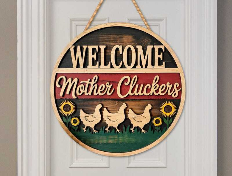 Humorous Welcome Mother Cluckers Chicken Sign - Rustic Animal Farm Porch DéCor With Sunflowers