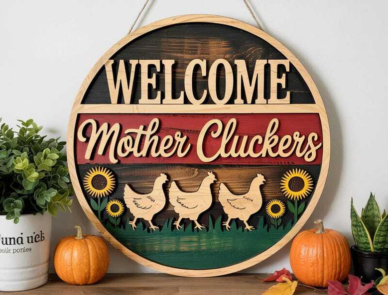 Humorous Welcome Mother Cluckers Chicken Sign - Rustic Animal Farm Porch DéCor With Sunflowers