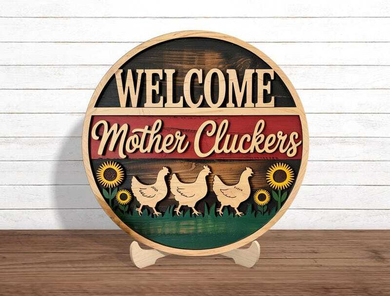 Humorous Welcome Mother Cluckers Chicken Sign - Rustic Animal Farm Porch DéCor With Sunflowers