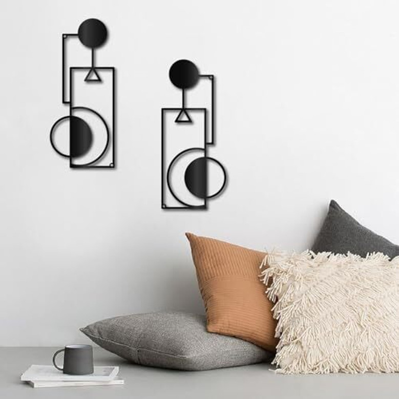 Vertical Abstract Black Geometric Metal Wall Art Decor - Above Bed & Living Room Design