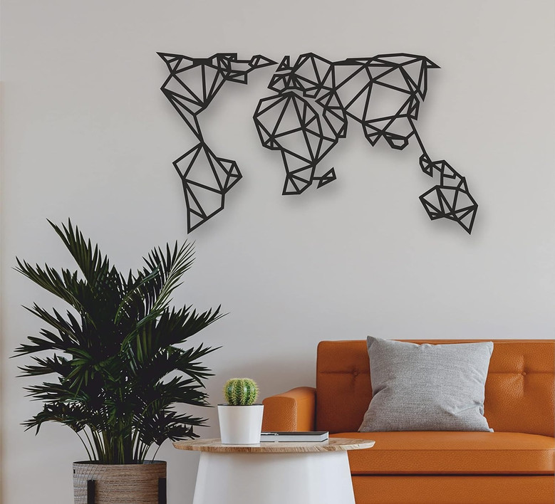 3D Geometric World Map Silhouette Metal Art - Modern Home Office And Bedroom Decor