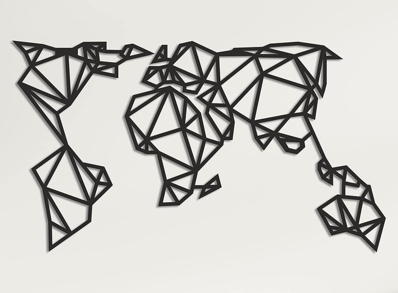 3D Geometric World Map Silhouette Metal Art - Modern Home Office And Bedroom Decor