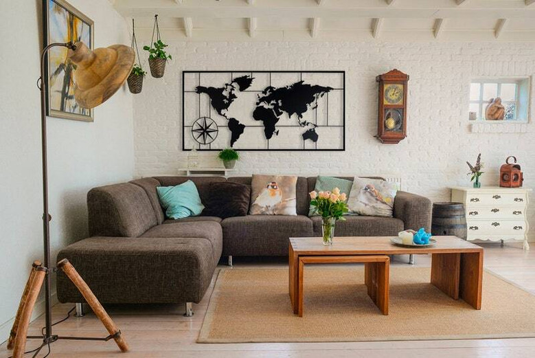 Geometric World Map Metal Sign For Living Room - Modern Art Work 2024