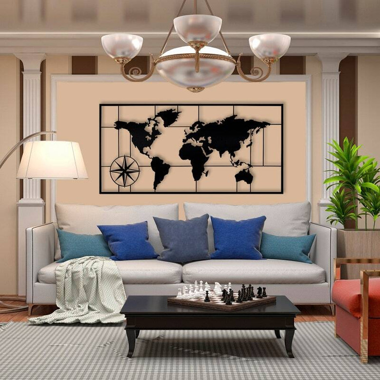 Geometric World Map Metal Sign For Living Room - Modern Art Work 2024