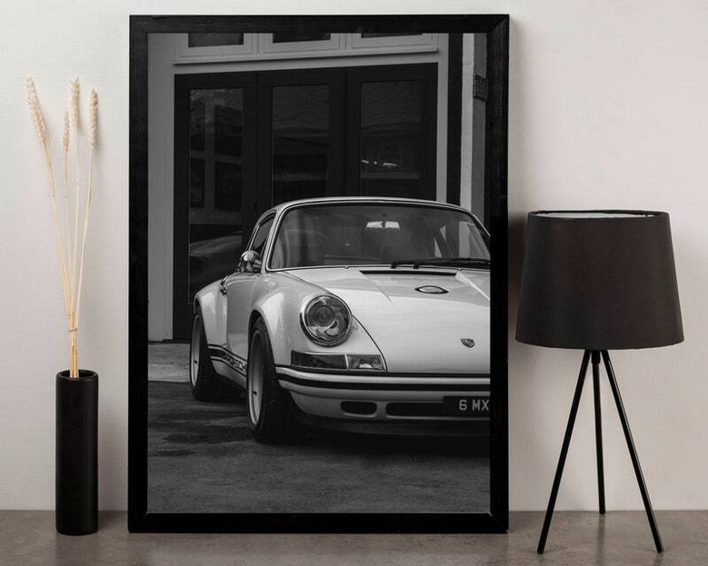 Vintage German car poster canvas, monochrome minimalist wall art, stylish living room decor for vintage auto aficionados.