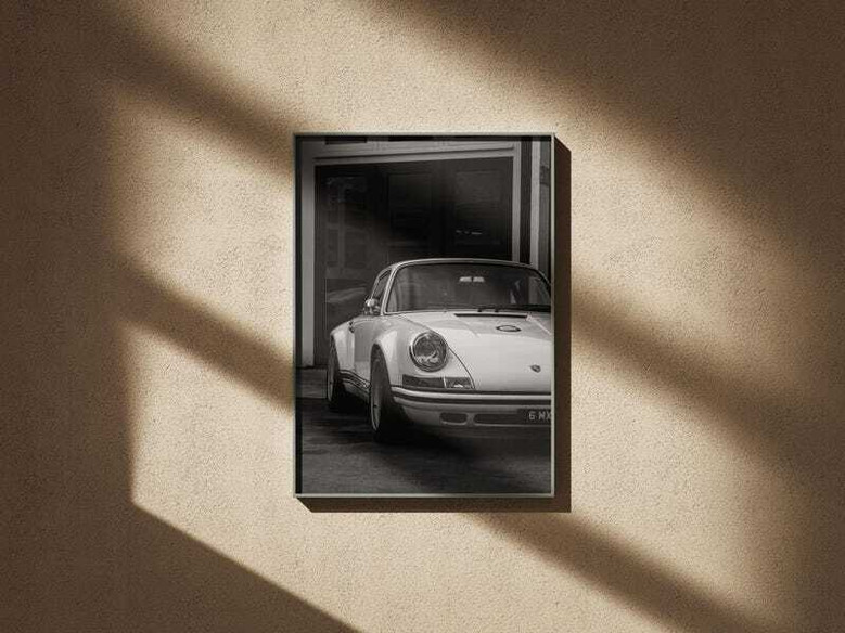 Vintage German car poster canvas, iconic black and white art print, striking entryway decor for retro motoring enthusiasts.