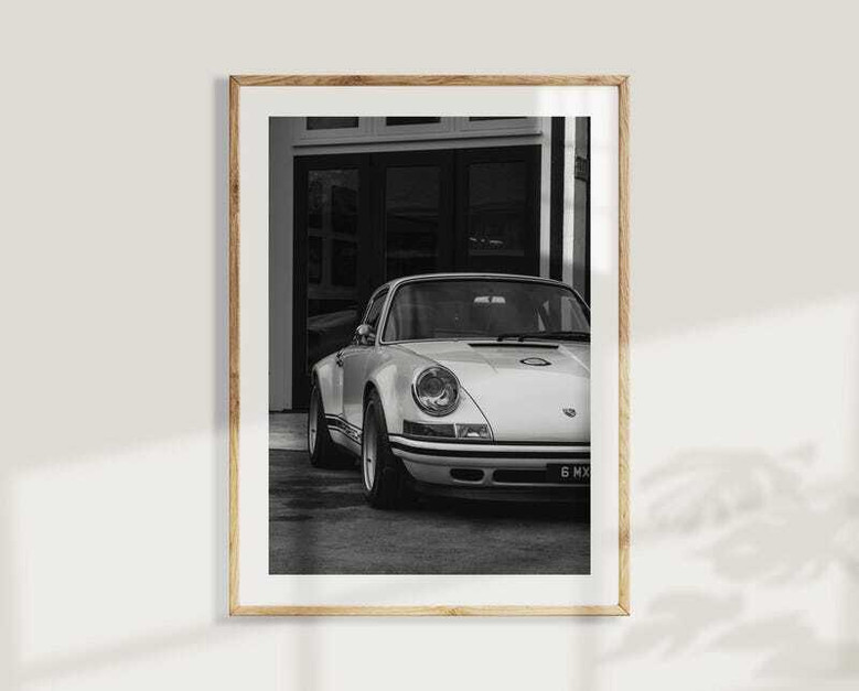 Vintage German car poster canvas, retro automotive icon in black-and-white, ideal for a man cave or home studio.