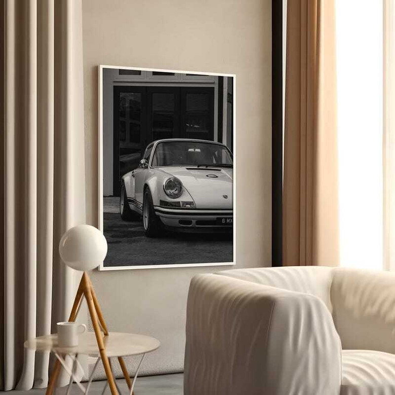 Vintage German car poster canvas, timeless monochrome print, study or office wall art for fans of classic design.