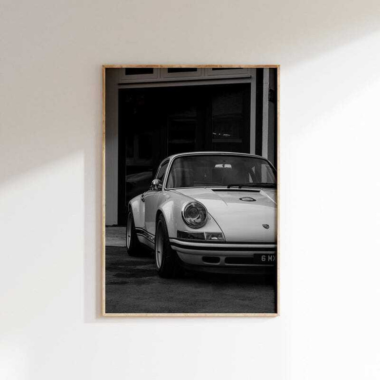 Vintage German car poster canvas in black and white, classic iconic auto art, retro canvas wall decor for car enthusiasts.