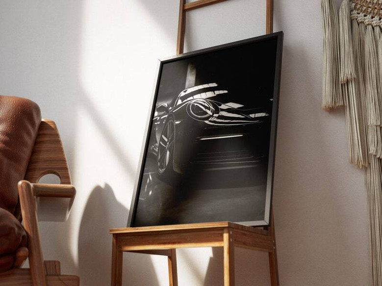 Classic German sports car canvas, high-contrast black-and-white close-up, vintage vibe wall art for garage or workshop decor