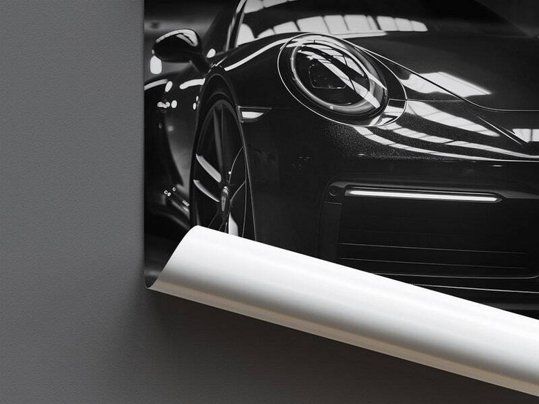 Classic German sports car canvas, timeless black-and-white close-up art, elegant decor accent for garage wall or living room