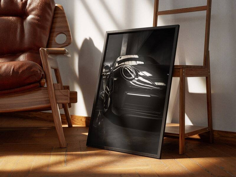 Classic German sports car canvas, black-and-white detail artwork, minimalist living room decor for avid car lovers