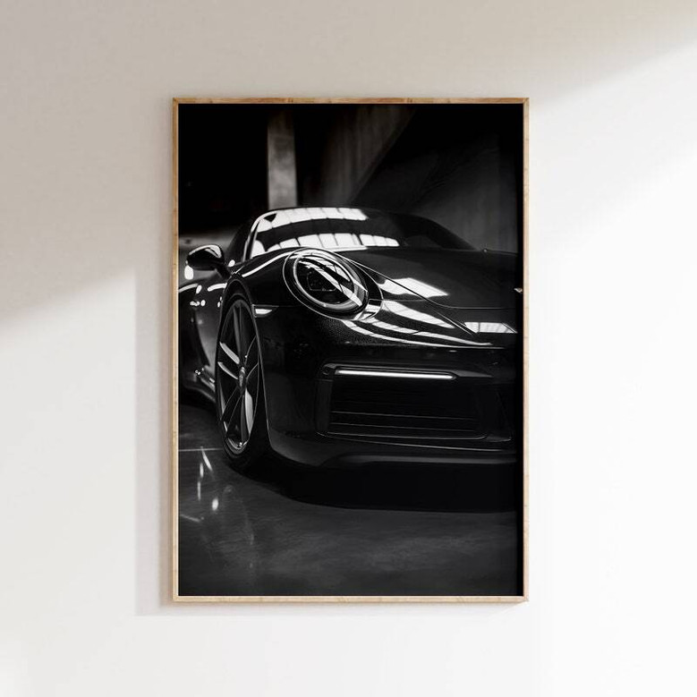 Classic German sports car canvas, monochrome close-up, industrial wall decor for garage or man cave, gift for gearheads