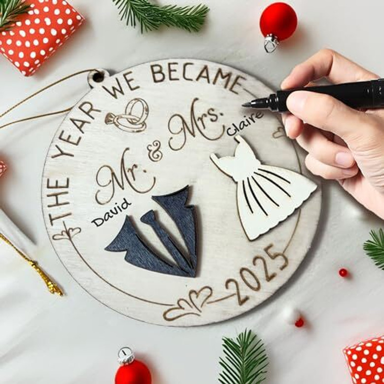Mr And Mrs Wall Decor For Couples - Personalized 2025 Wedding Gift - First Christmas Married Wooden Ornament