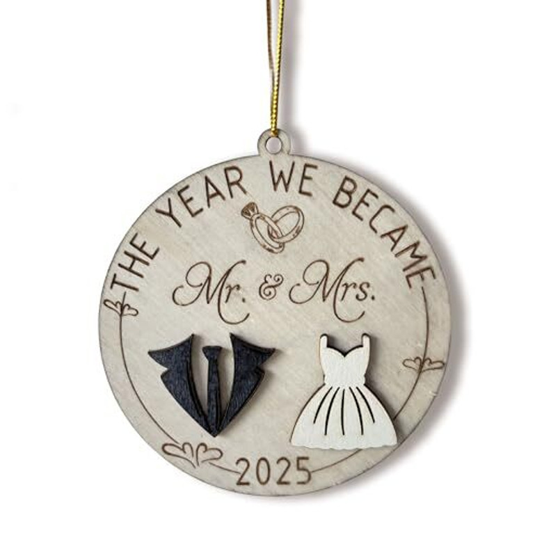 Mr And Mrs Wall Decor For Couples - Personalized 2025 Wedding Gift - First Christmas Married Wooden Ornament
