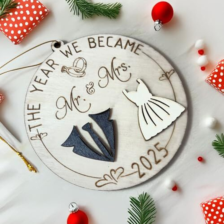 Mr And Mrs Wall Decor For Couples - Personalized 2025 Wedding Gift - First Christmas Married Wooden Ornament