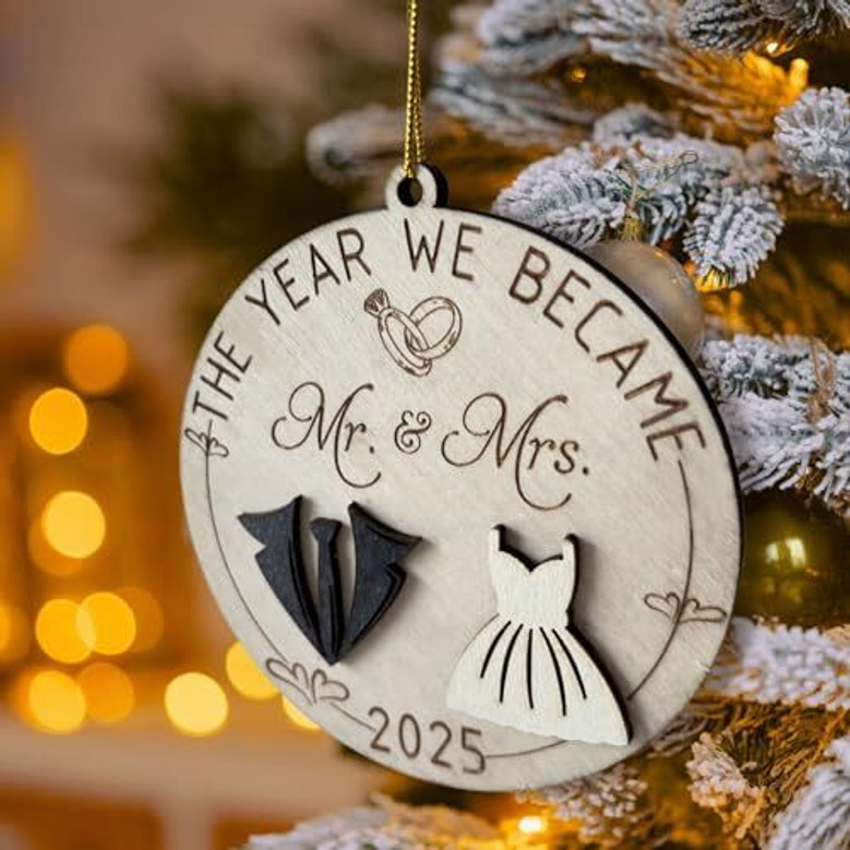 Mr And Mrs Wall Decor For Couples - Personalized 2025 Wedding Gift - First Christmas Married Wooden Ornament