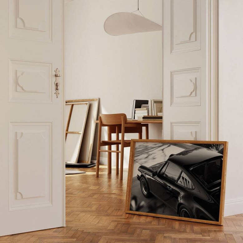 Classic German sports car canvas, black-and-white side profile, portrait style wall art for minimalist office or den decor