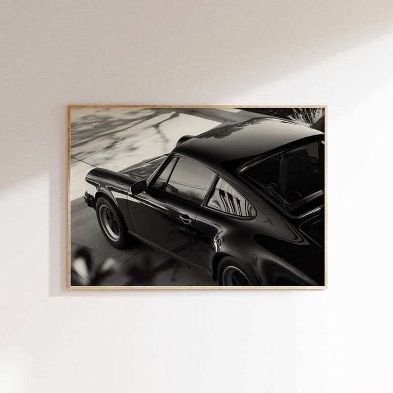 Classic German sports car canvas, black-and-white driver cockpit with steering wheel and gauges, art for home office decor