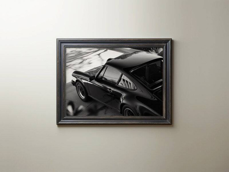Classic German sports car canvas in black and white, city backdrop with reflections, landscape wall art for modern decor