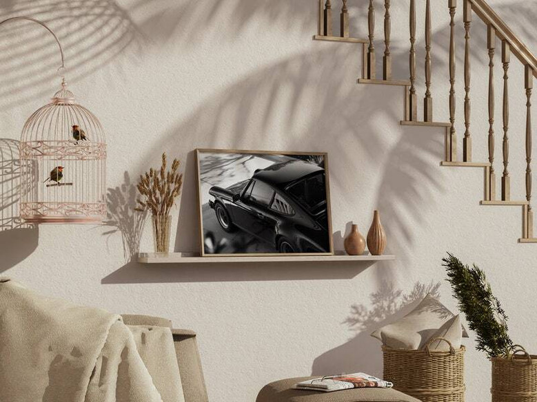 Classic German sports car canvas art in black and white, low-angle silhouette highlighting body lines for office walls