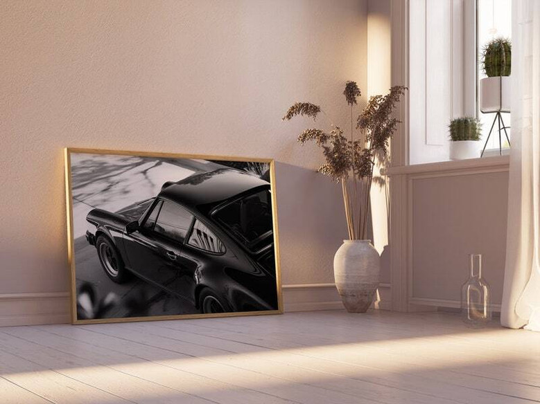 Classic German sports car canvas in monochrome, close-up headlight detail wall art, ideal gift for car enthusiasts