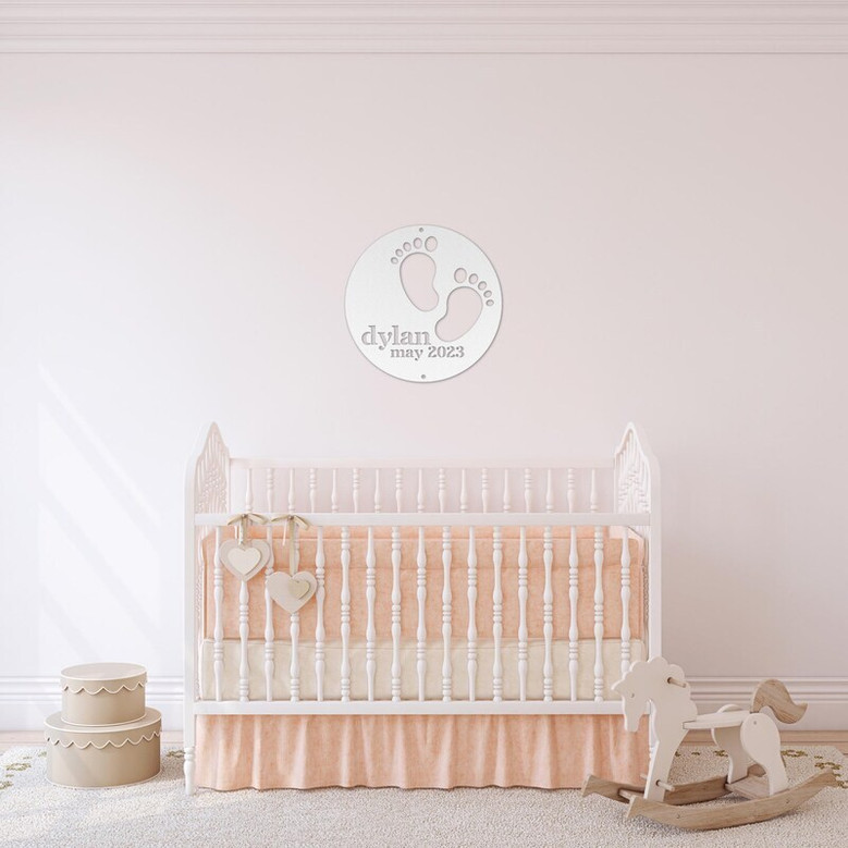Custom Baby Footprints Metal Sign For Nursery - Personalized Birth Month And Year Decor Hanging