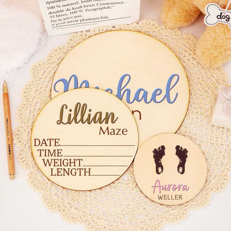 Baby Footprints Birth Wood Sign - Personalized 3D Announcement Plaque For Nursery Decor